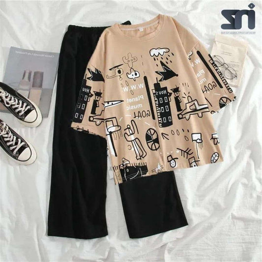 Stylish Printed Cotton Jersey Night Suit - 2 Pcs (Shirt & Trouser)