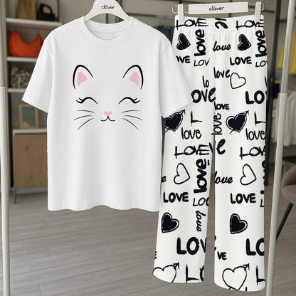 2 Pcs Women's Printed Jersey Night Suit - Round Neck Comfort