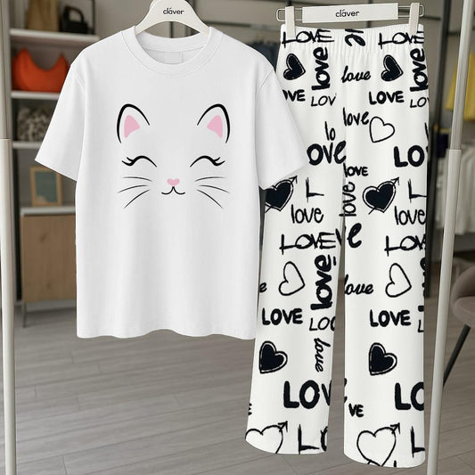2 Pcs Women's Printed Jersey Night Suit - Round Neck Comfort